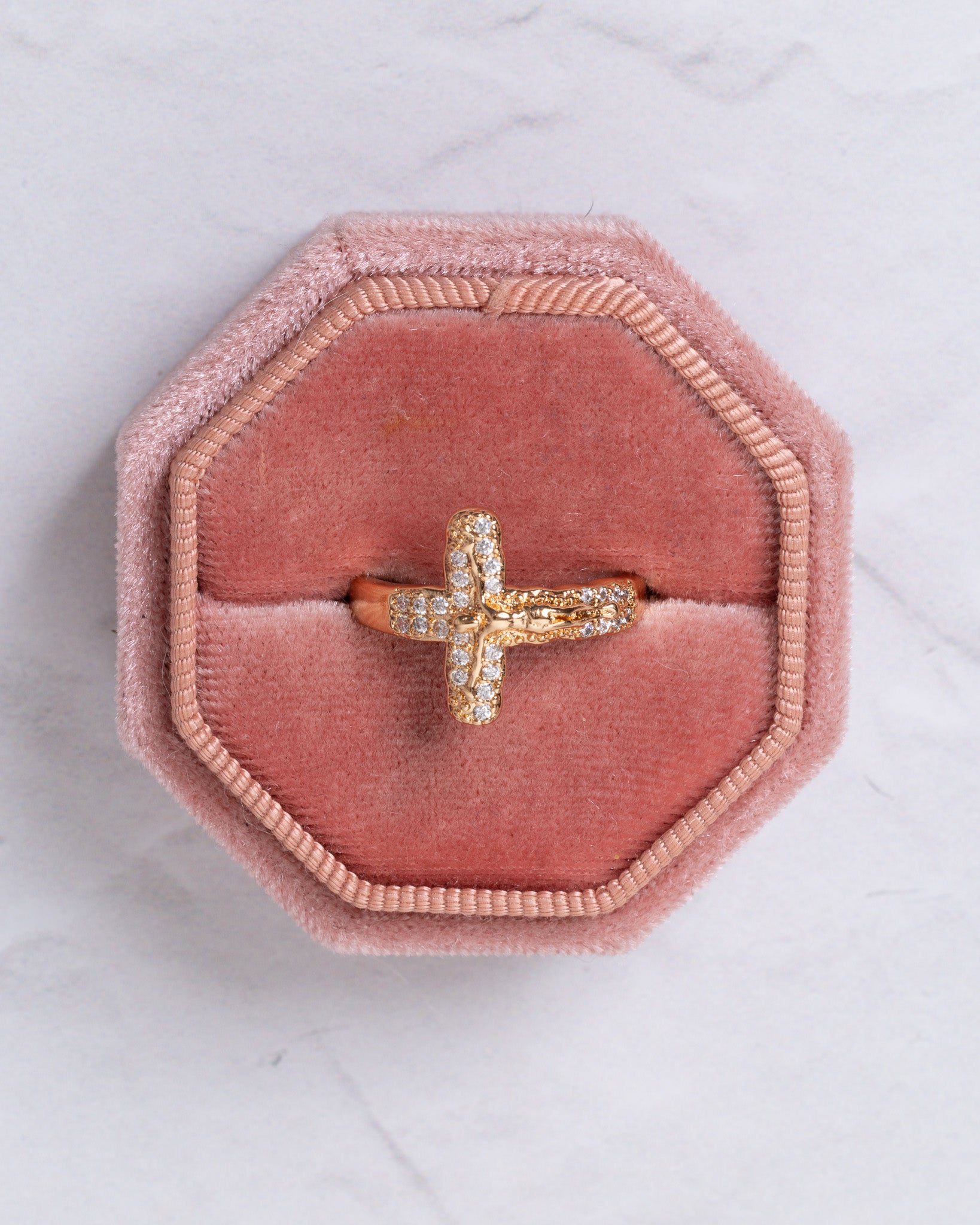 Delicate rose gold Crucifix Ring with diamonds in pink velvet box