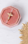 Delicate gold Crucifix Ring with diamonds in pink velvet box