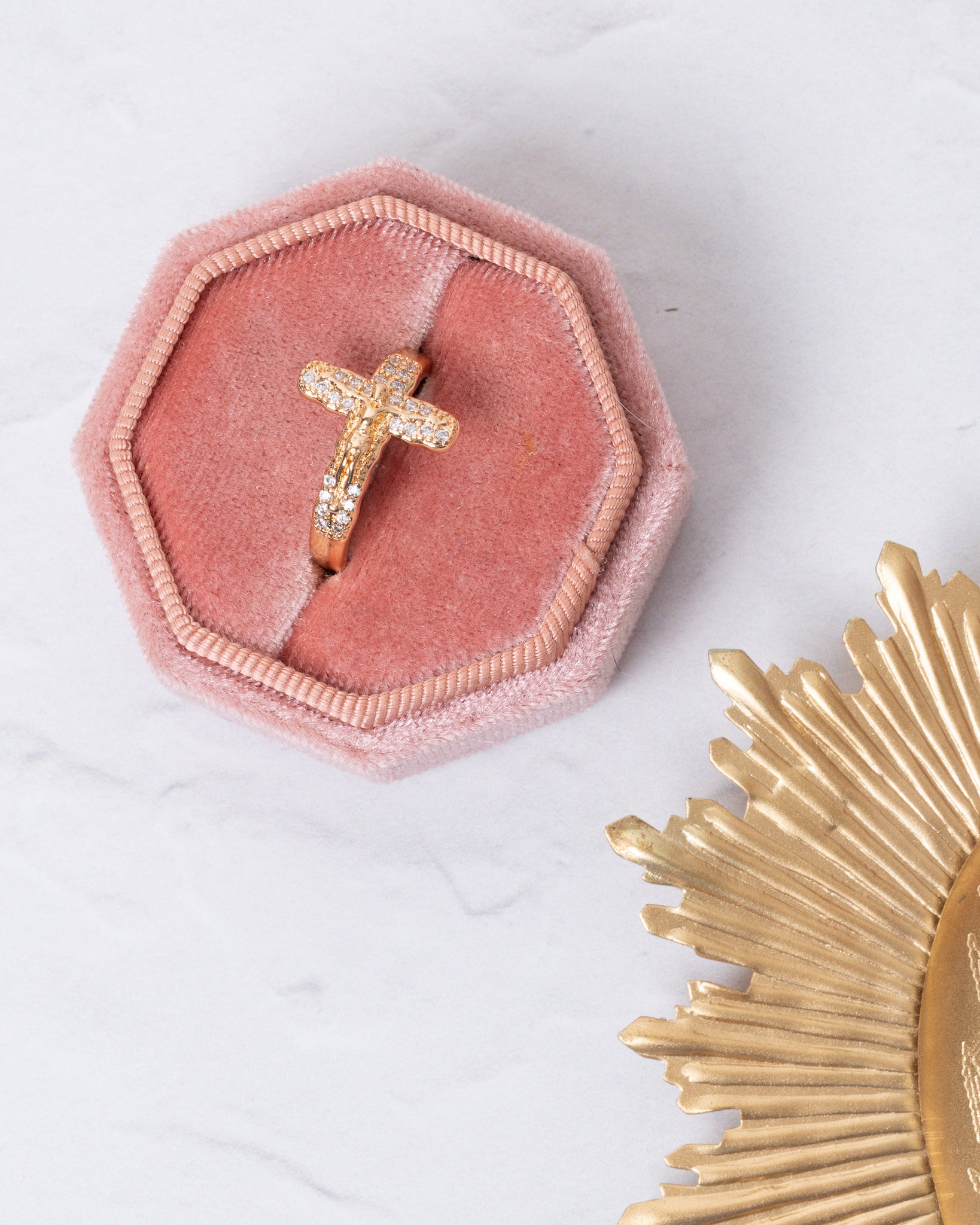 Delicate gold Crucifix Ring with diamonds in pink velvet box