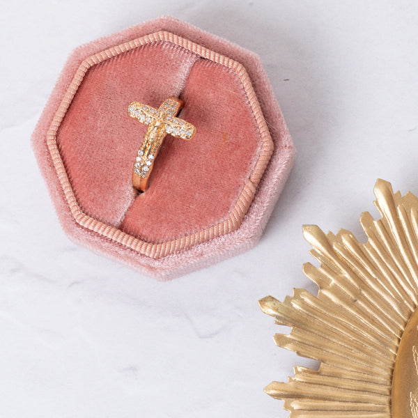 Delicate gold Crucifix Ring with diamonds in pink velvet box