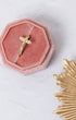Delicate gold crucifix ring with sparkling stones in pink velvet box