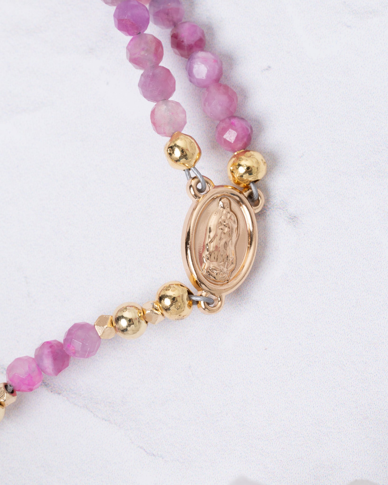 Delicate pink faceted bead Rosa Mystica magnetic rosary bracelet with gold oval religious charm