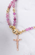 Delicate pink gold beaded Rosa Mystica magnetic rosary bracelet with rose-gold cross