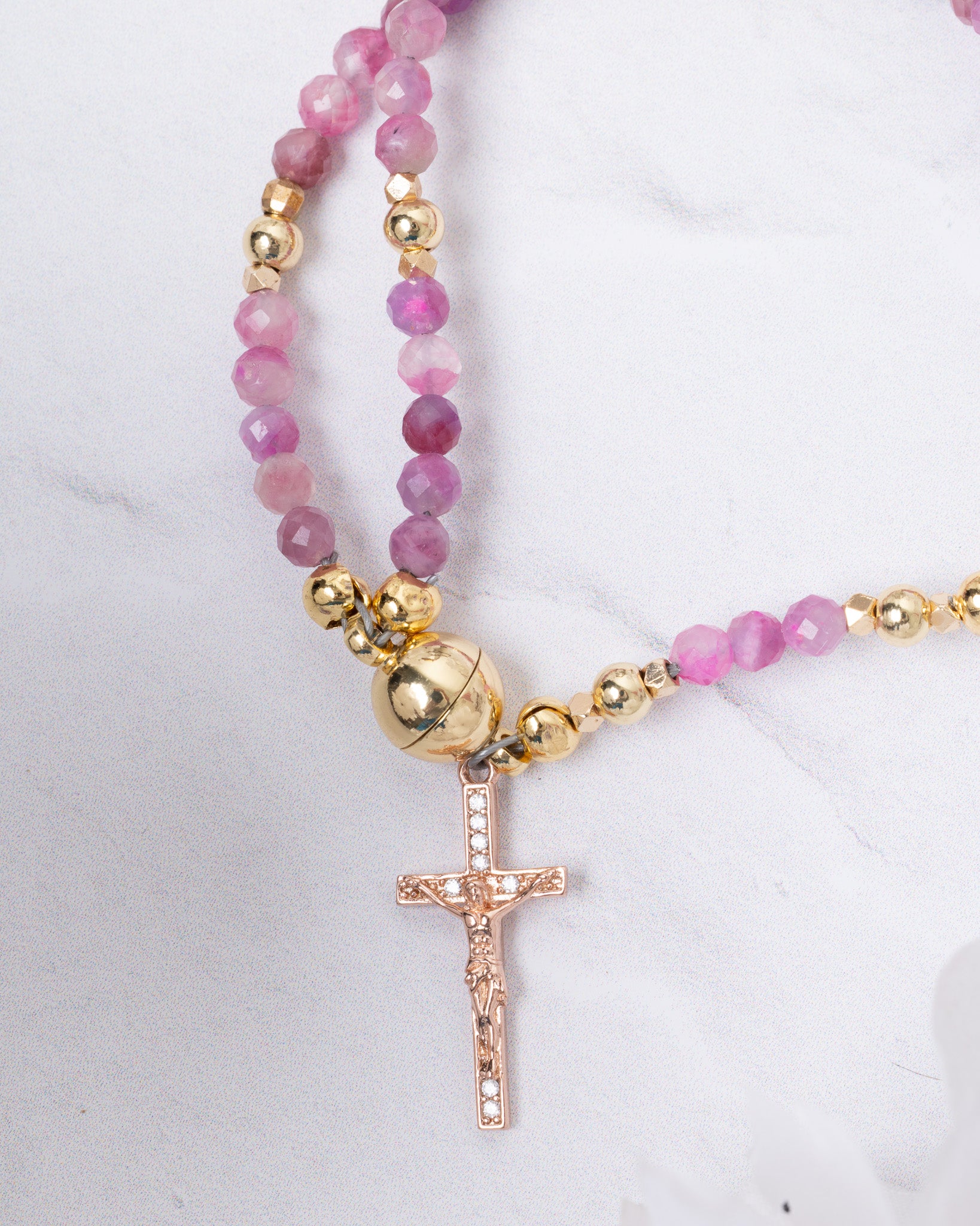 Delicate pink gold beaded Rosa Mystica magnetic rosary bracelet with rose-gold cross