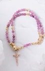 Delicate pink and gold Rosa Mystica magnetic rosary bracelet with rose-gold crucifix