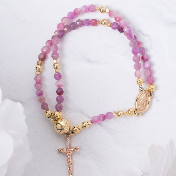Delicate pink and gold Rosa Mystica magnetic rosary bracelet with rose-gold crucifix