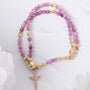 Delicate pink and gold Rosa Mystica magnetic rosary bracelet with rose-gold crucifix