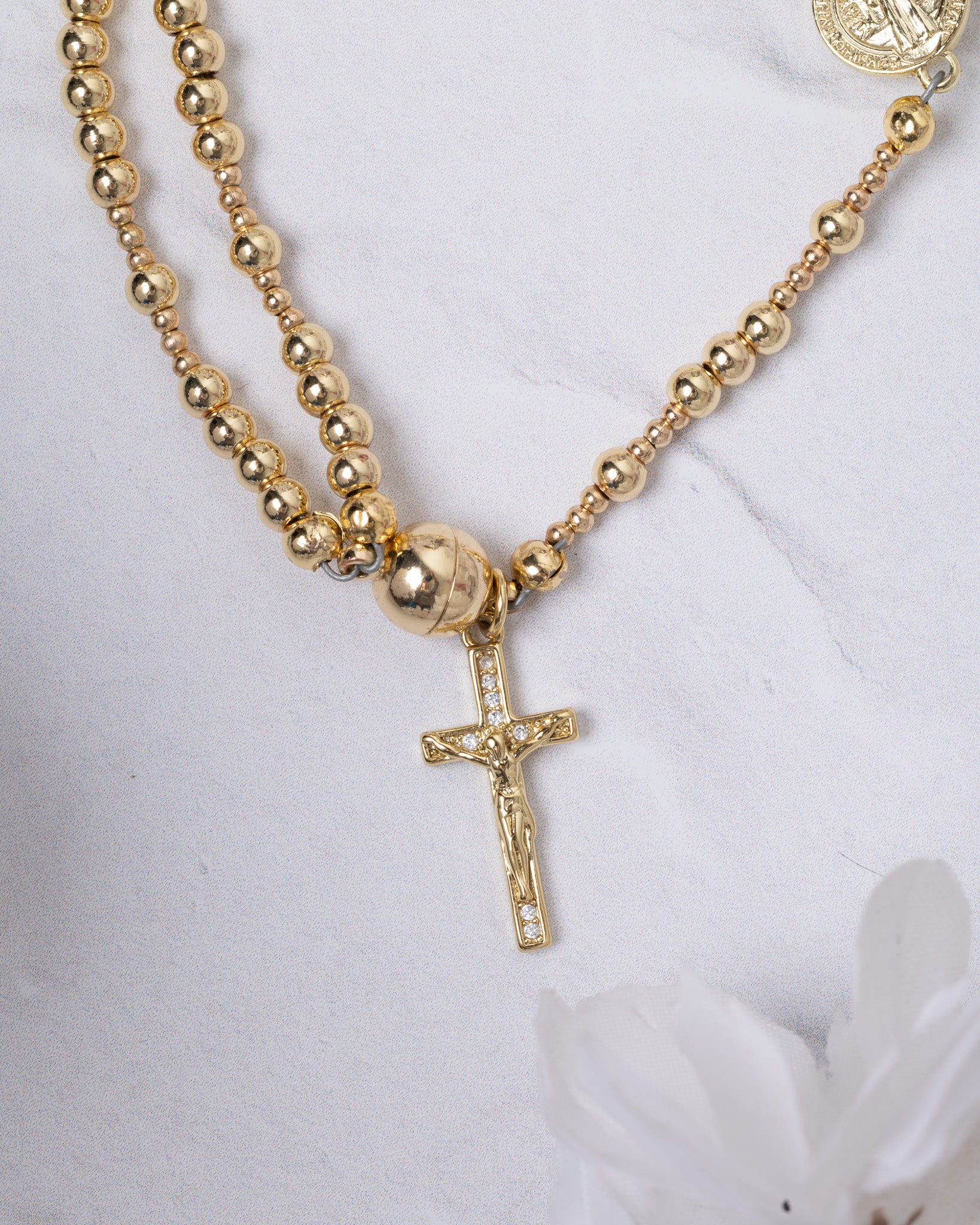 14K gold magnetic rosary bracelet with diamond crucifix pendant