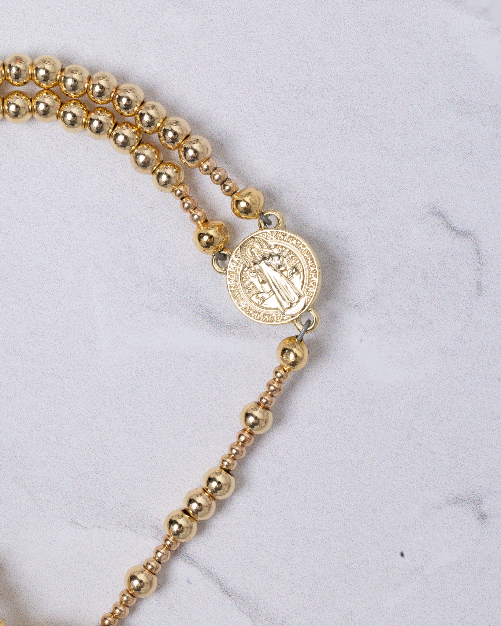 14K gold magnetic rosary bracelet with saint benedict medal charm