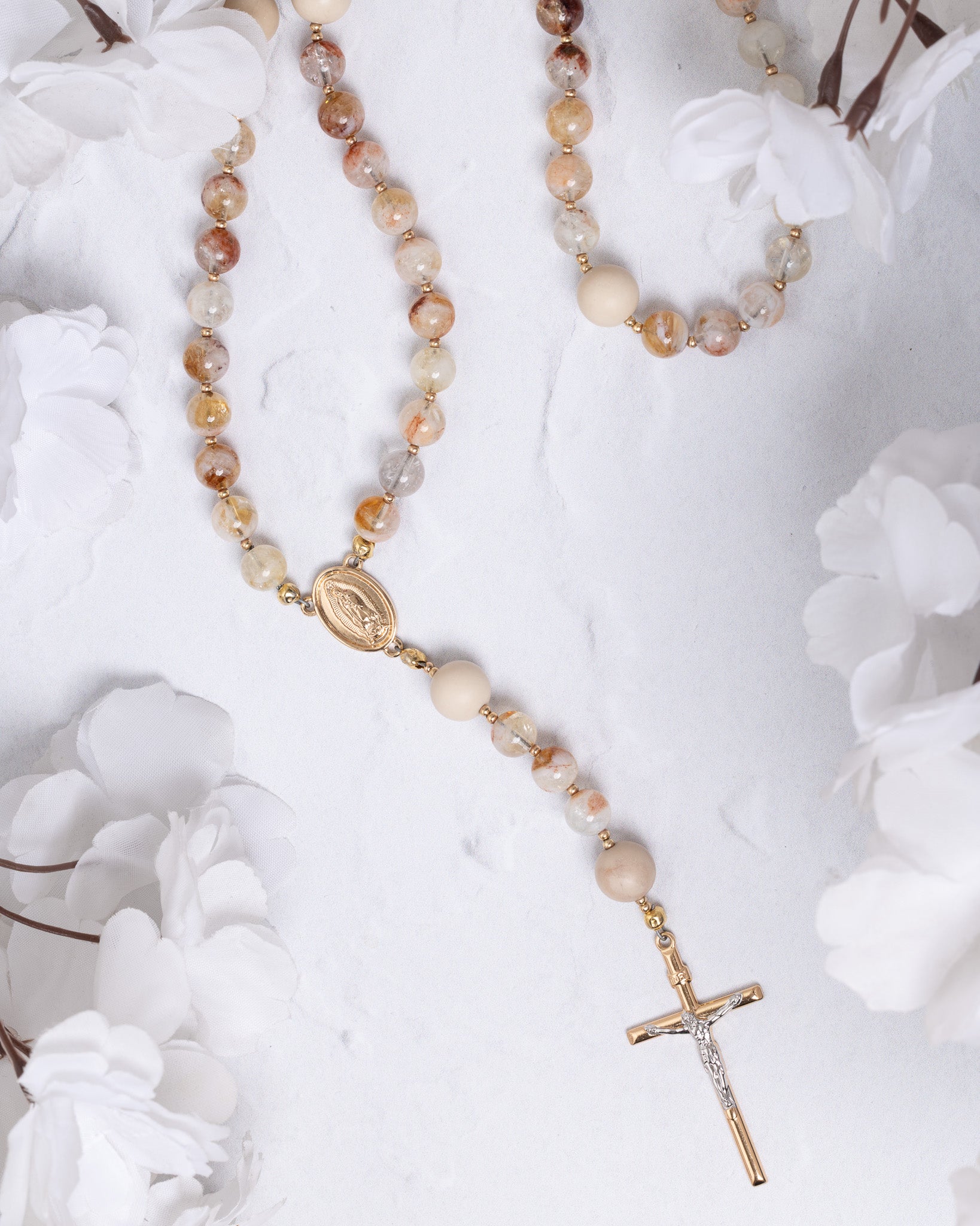 Desert Rose Guadalupe rosary with peach cream gemstone beads and gold cross