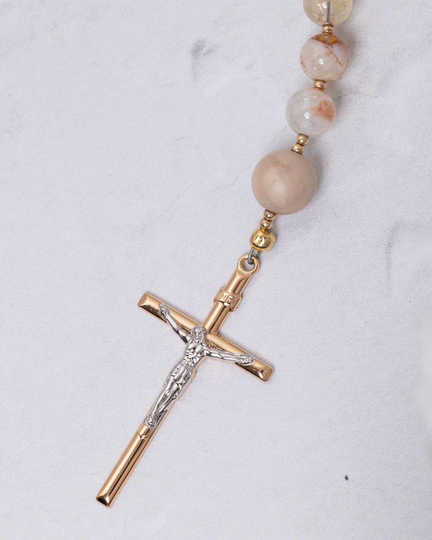 Desert Rose Guadalupe Rosary with gold crucifix and peach beads