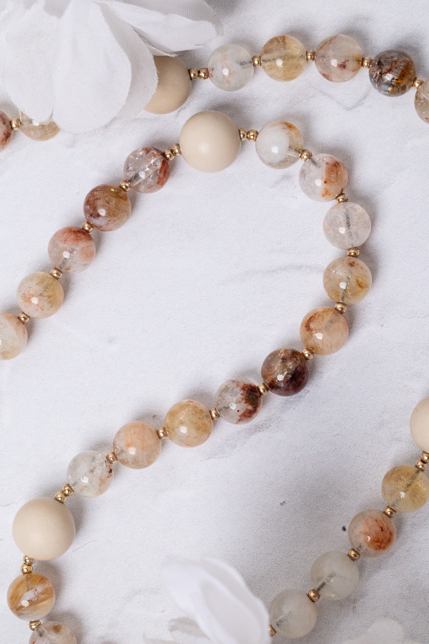 Desert Rose Guadalupe Rosary with amber and cream beaded necklace