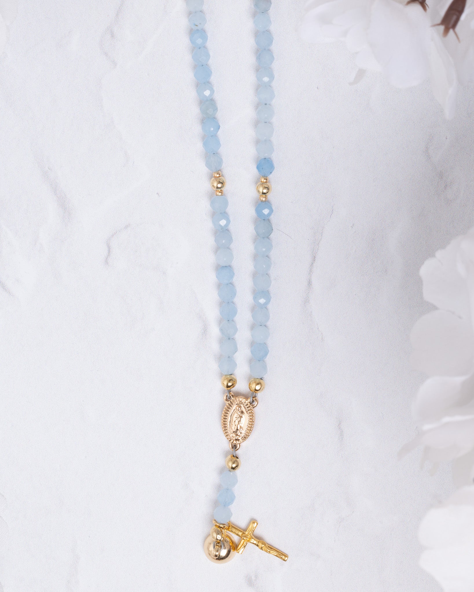 Stella Maris light blue beaded magnetic rosary bracelet with gold cross