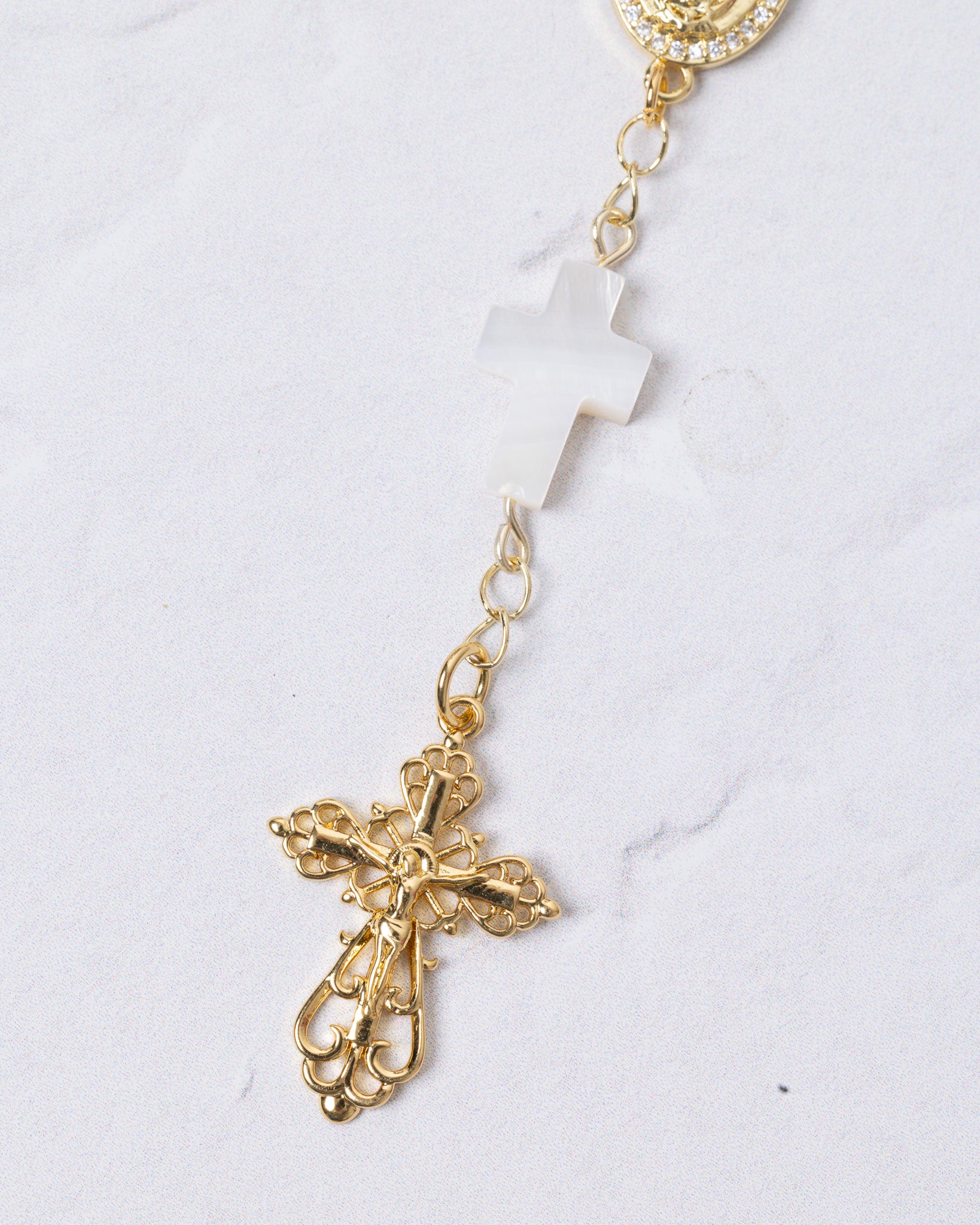 Gold-toned Advent purple car decade rosary with ornate filigree crucifix