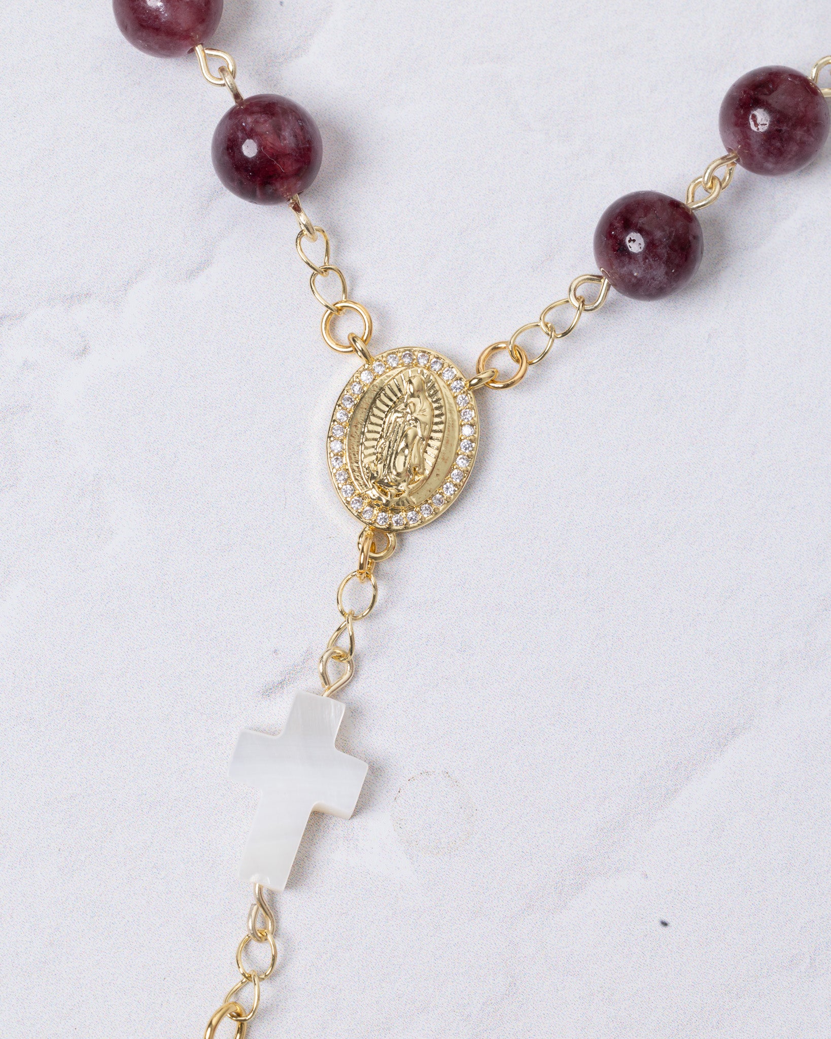 Gold-toned Advent purple car decade rosary with red garnet beads