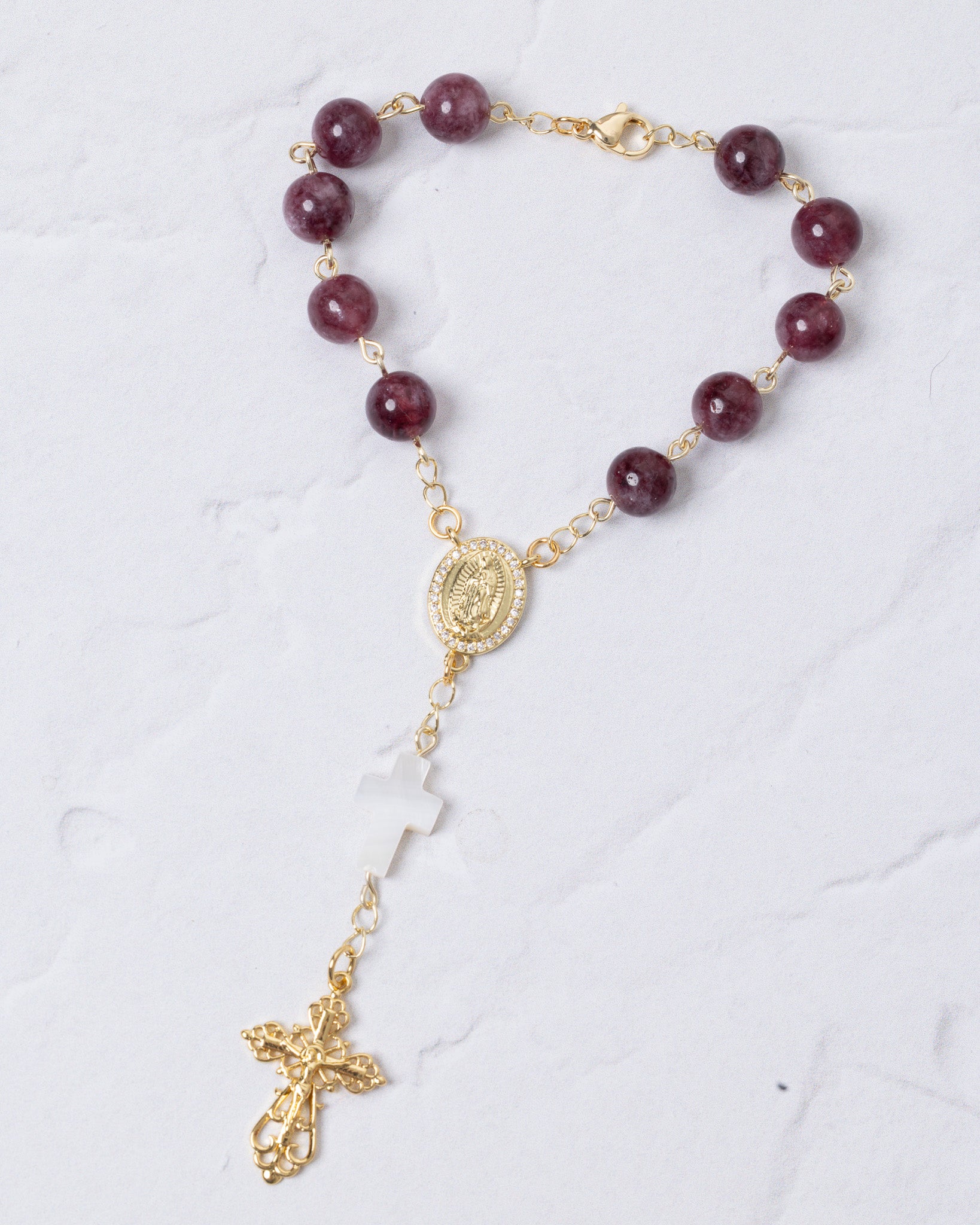 Delicate gold Advent Purple Car Decade rosary bracelet with purple beads and cross charms