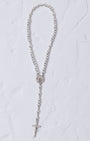 Mini white gold rosary with silver beads, saint benedict medal, ornate cross