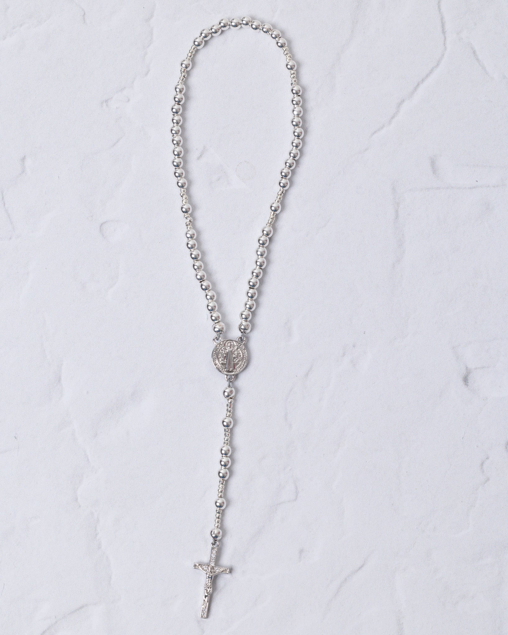 Mini white gold rosary with silver beads, saint benedict medal, ornate cross