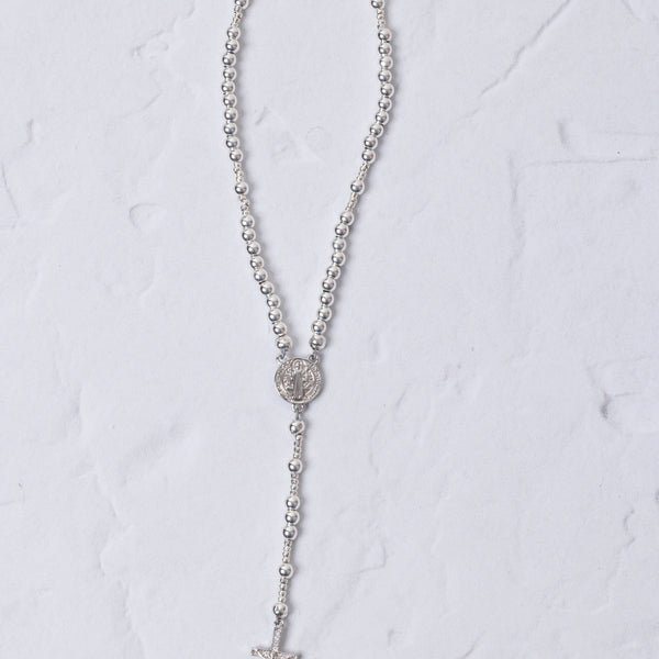 Mini white gold rosary with silver beads, saint benedict medal, ornate cross