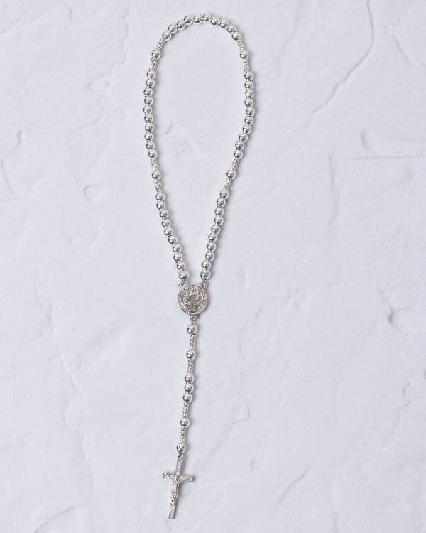 Mini white gold rosary with silver beads, saint benedict medal, ornate cross