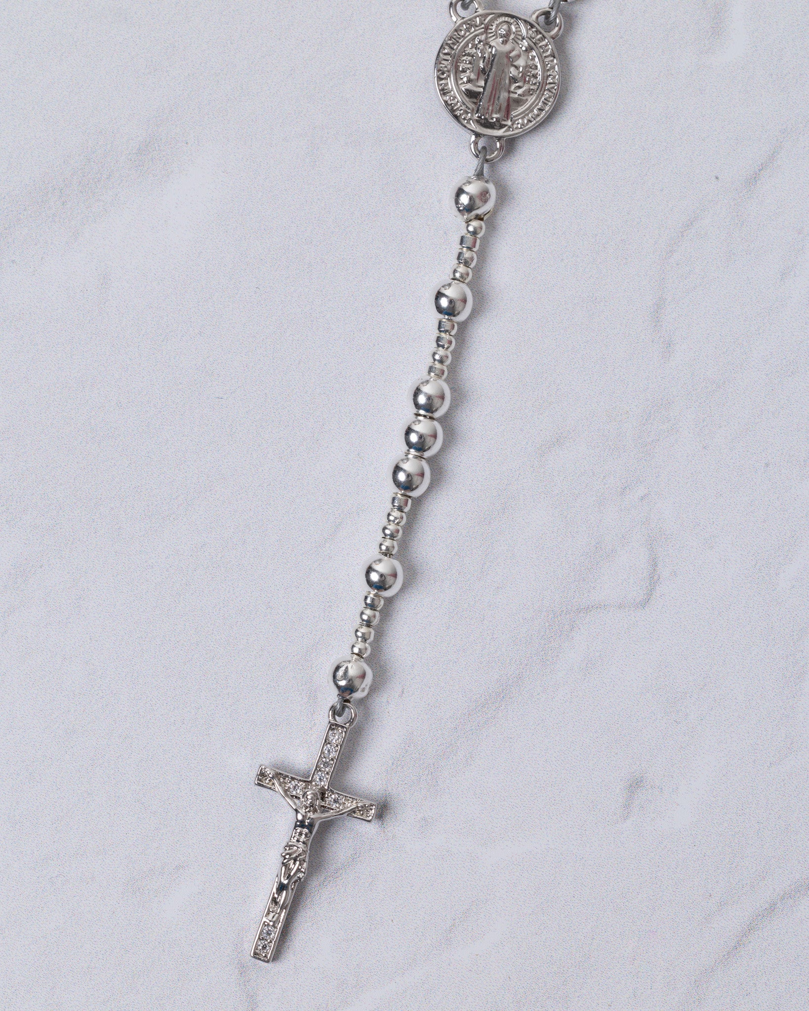Mini white gold rosary with silver Saint Benedict medal, beaded chain, cross pendant