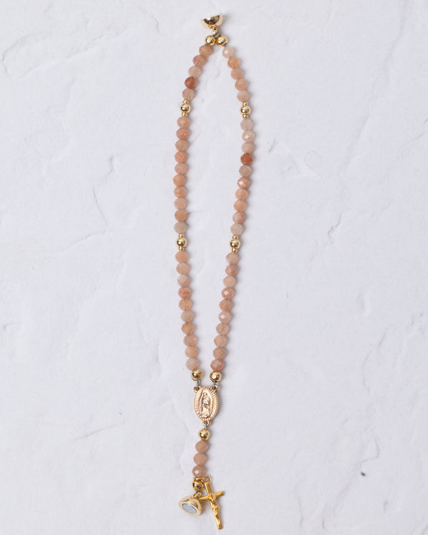 Delicate peach beaded Sunstone Magnetic Rosary Bracelet with gold accents