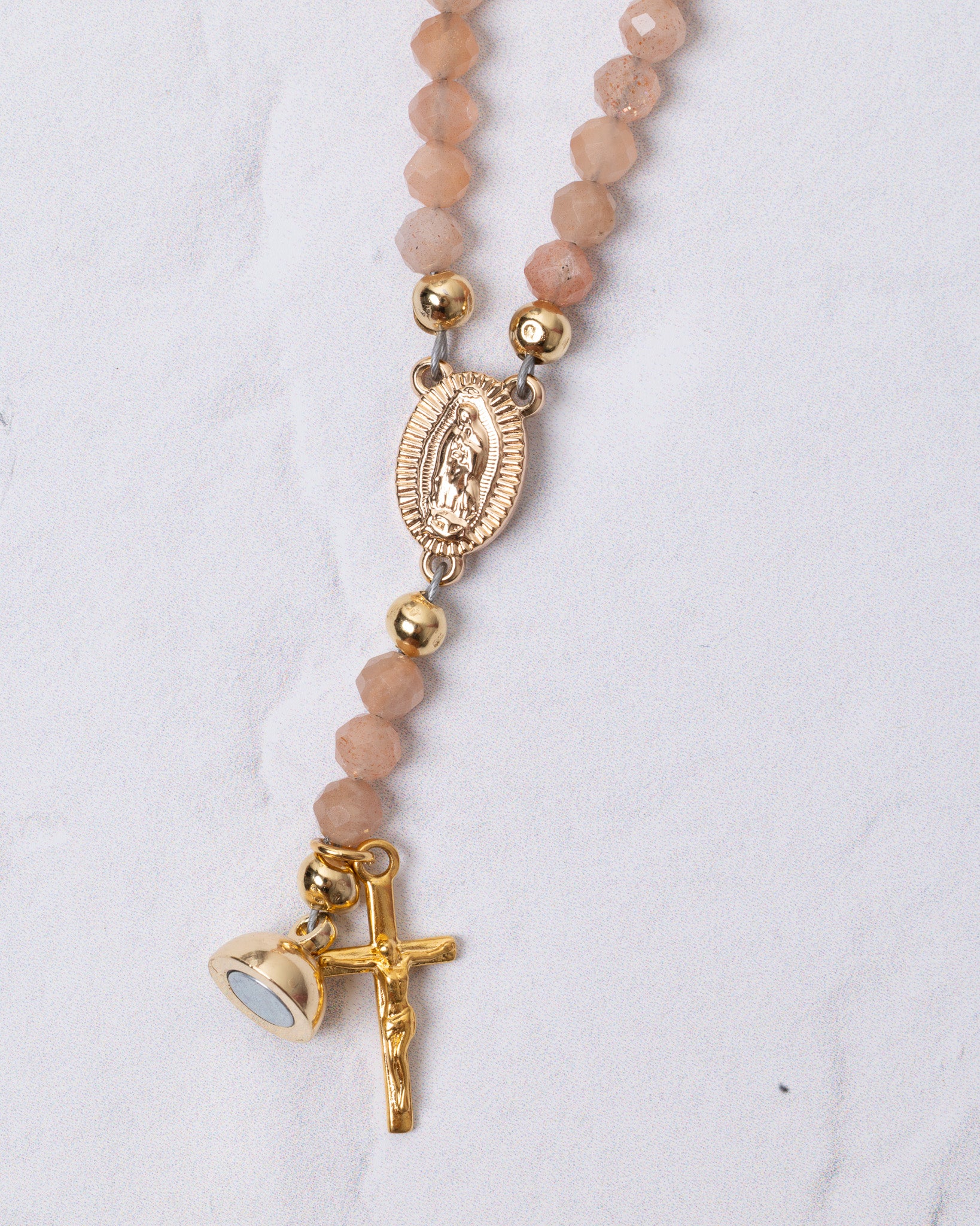 Peach sunstone faceted bead rosary necklace with gold medallion and crucifix