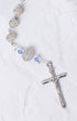 Something Blue White Gold Rosary with silver chain, frosted white crystal beads, blue gems
