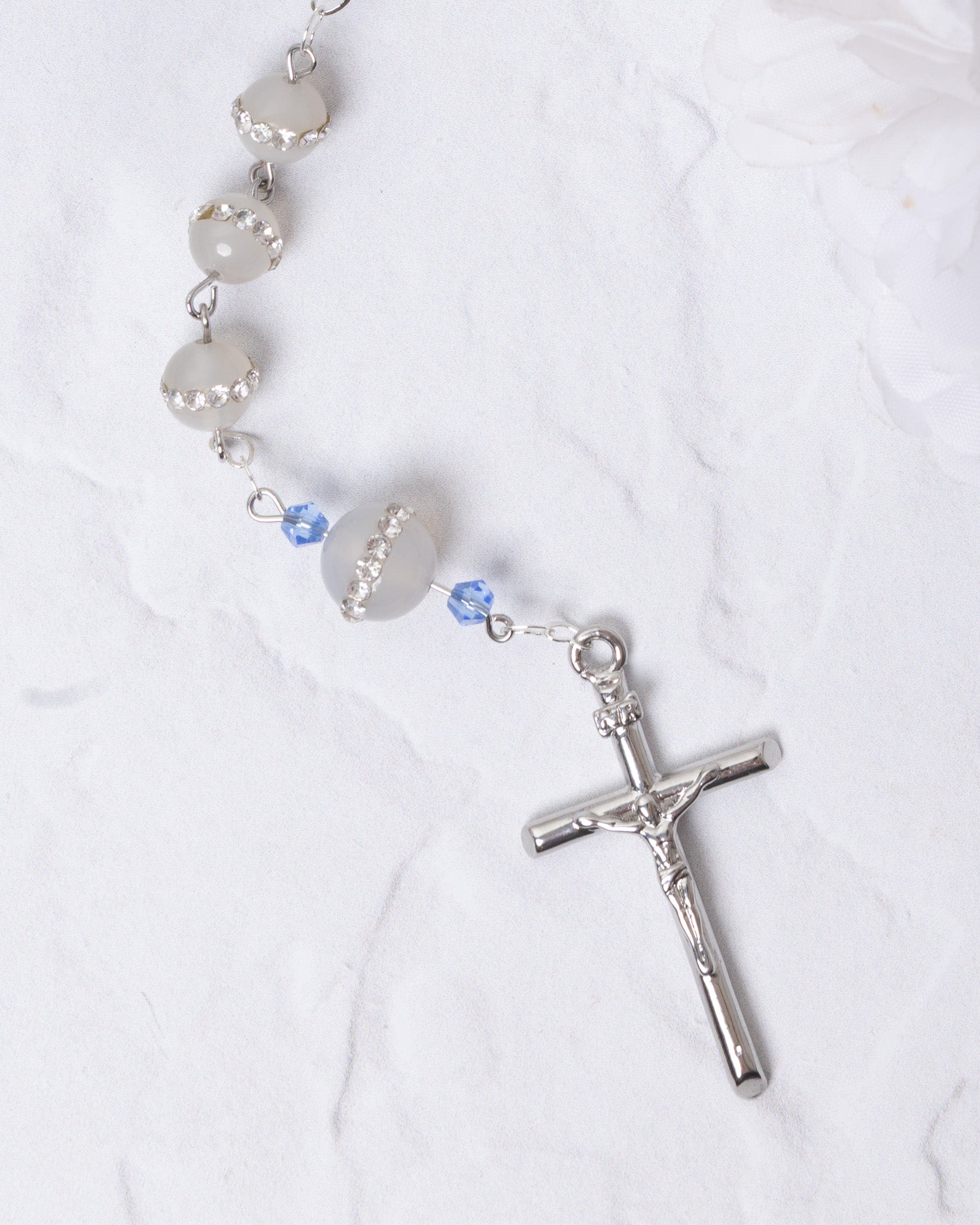 Something Blue White Gold Rosary with silver chain, frosted white crystal beads, blue gems