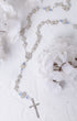 Something Blue White Gold Rosary with silver beads, blue accents, medallion, cross