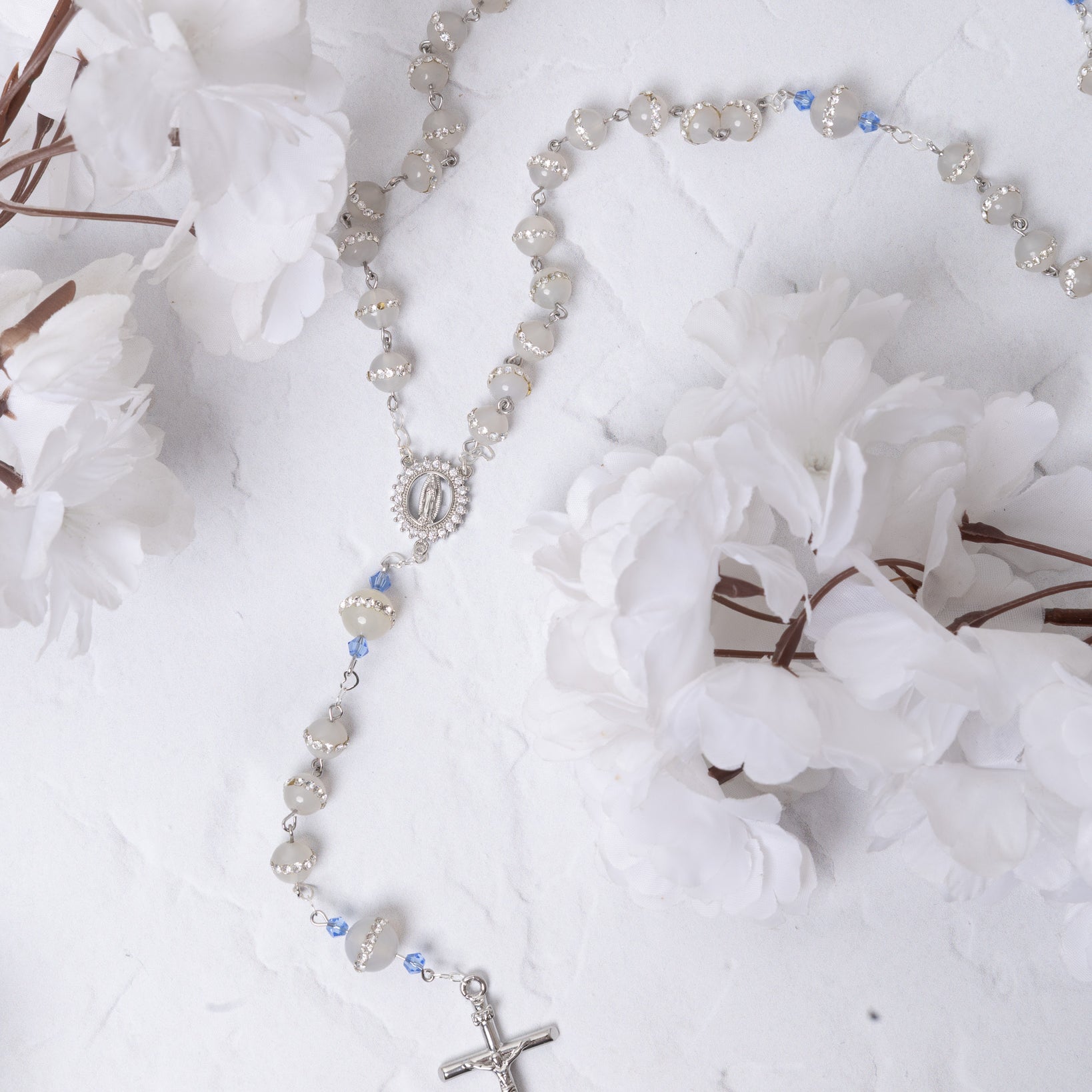 Something Blue White Gold Rosary with silver beads, blue accents, medallion, cross
