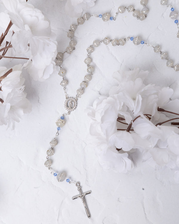 Something Blue White Gold Rosary with silver beads, blue accents, medallion, cross