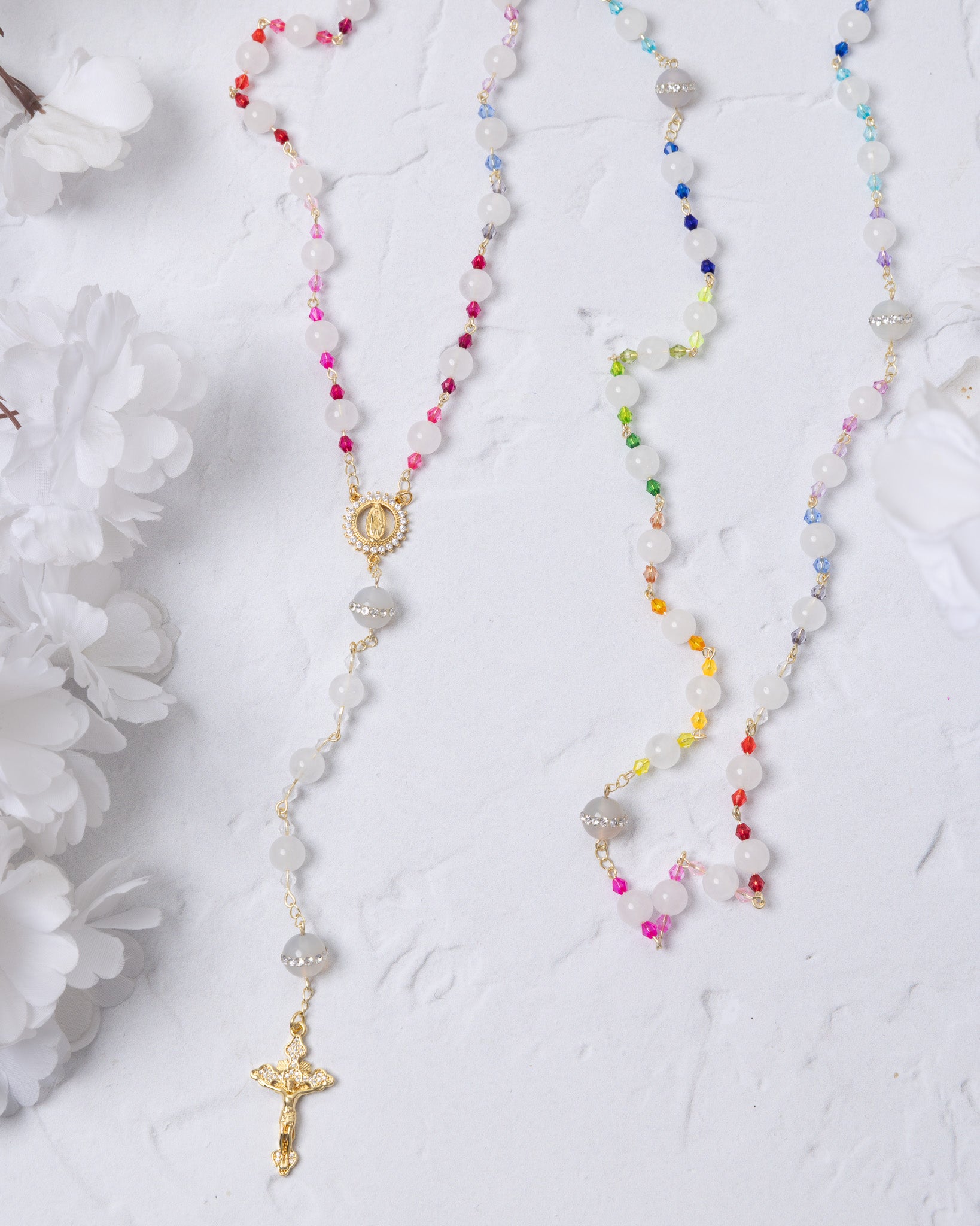 God’s Rainbow Covenant Rosary with multi-colored beads, gold medallion, and crucifix
