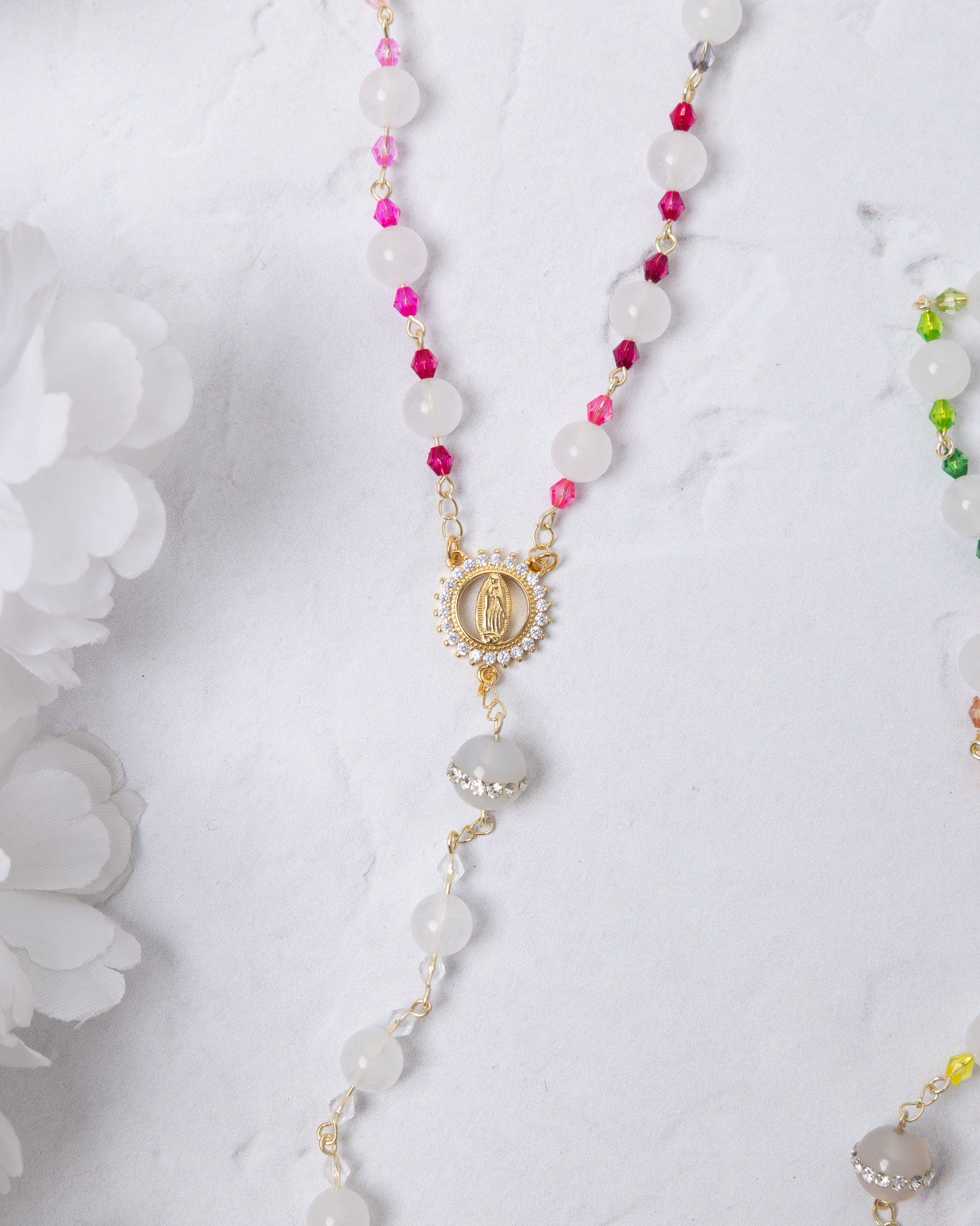 God’s Rainbow Covenant Rosary with pink white beads gold medallion crystals