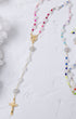 God’s Rainbow Covenant Rosary with pink and white beads, gold medallion, crucifix