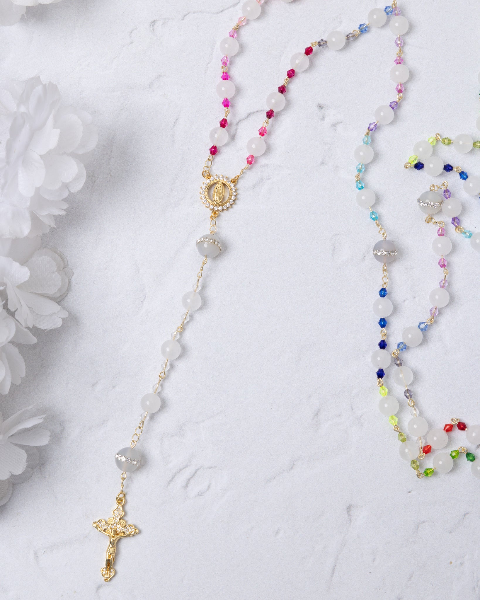 God’s Rainbow Covenant Rosary with pink and white beads, gold medallion, crucifix