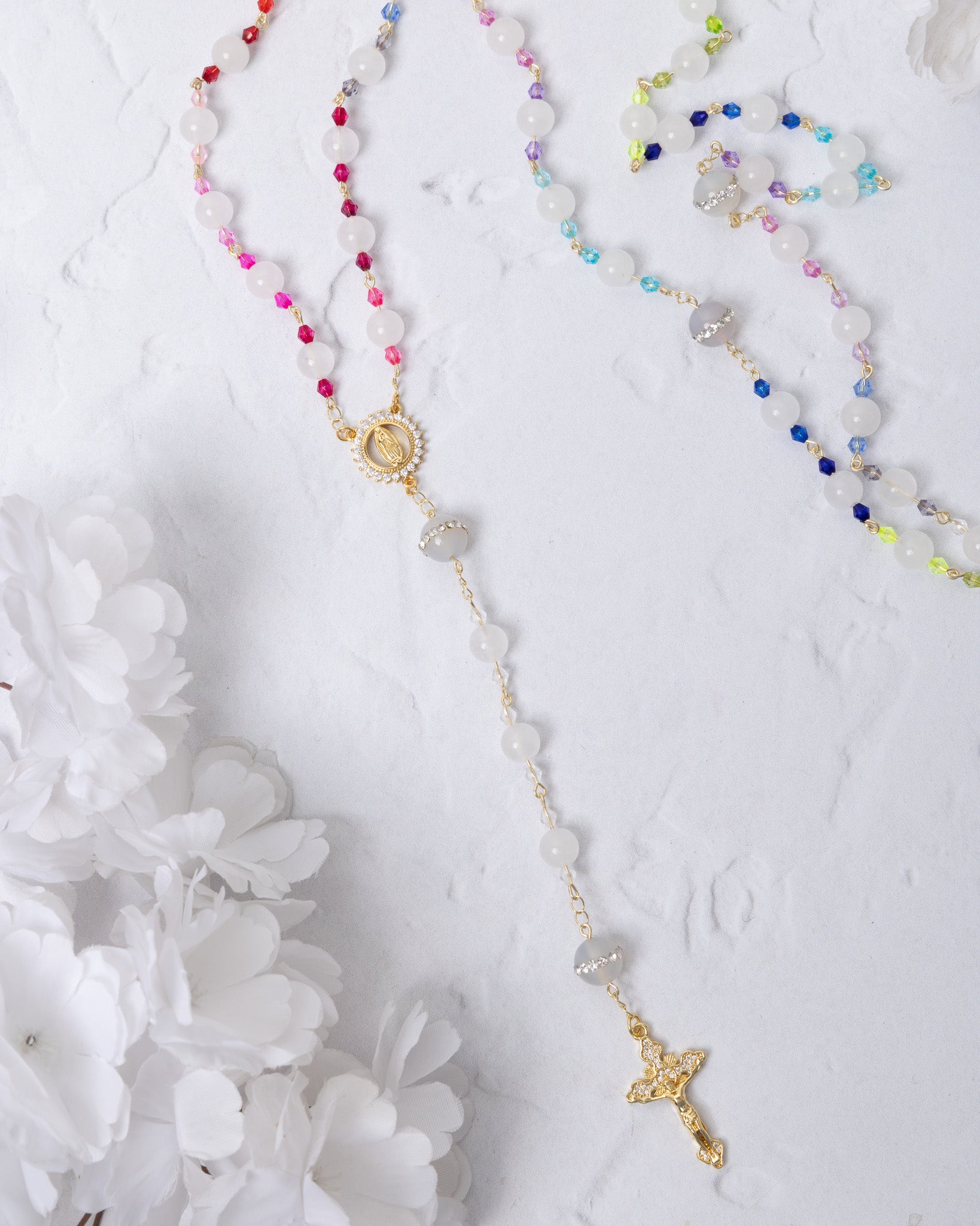 God’s Rainbow Covenant Rosary with colorful gemstone beads and gold crucifix