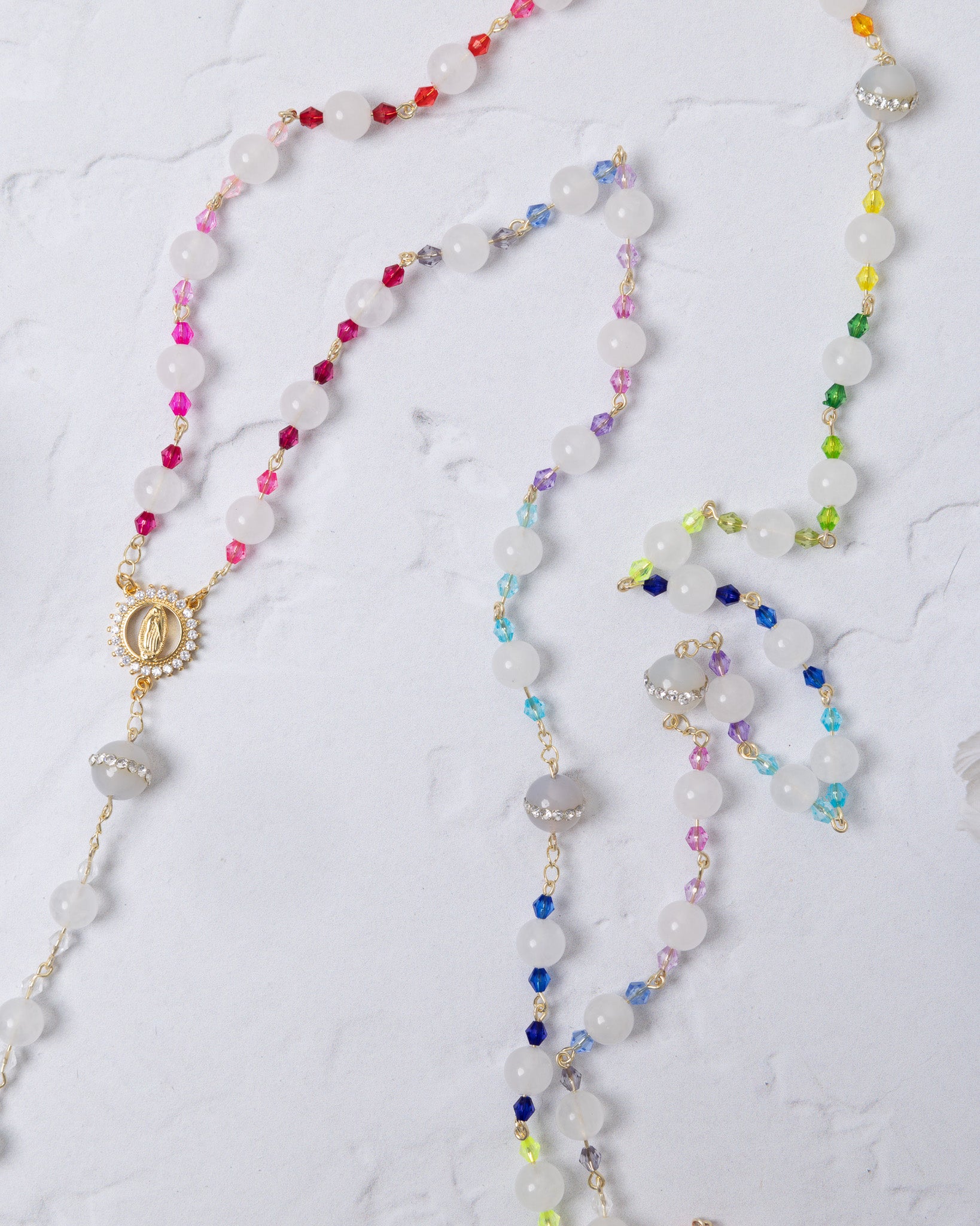 God’s Rainbow Covenant Rosary with white beads and colorful crystals