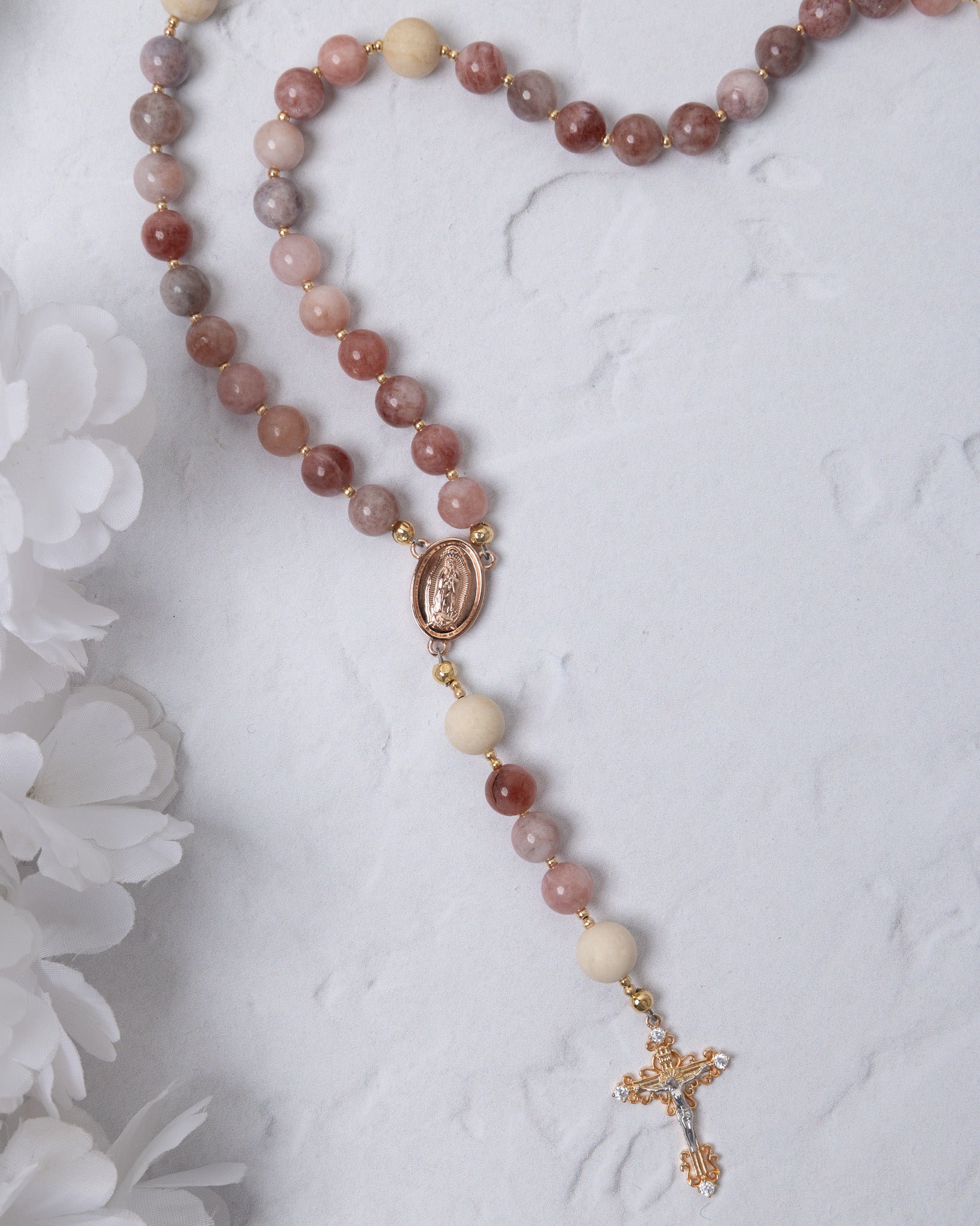 Rosa Mystica rosary with pink mauve beads and gold cross