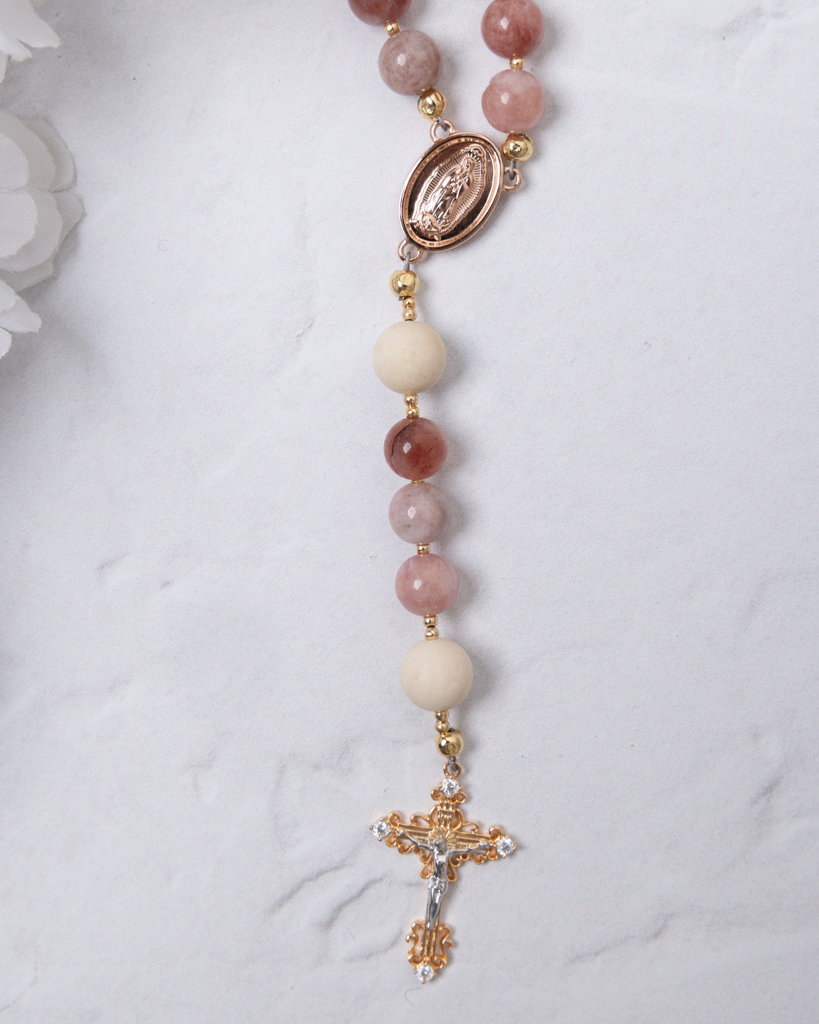 Rosa Mystica Rosary with pink cream beads, rose gold medallion, crystal cross