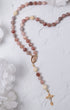 Rosa Mystica rosary with pink-white beads, gold Mary centerpiece, crucifix