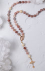Rosa Mystica rosary with pink-white beads, gold Mary centerpiece, crucifix