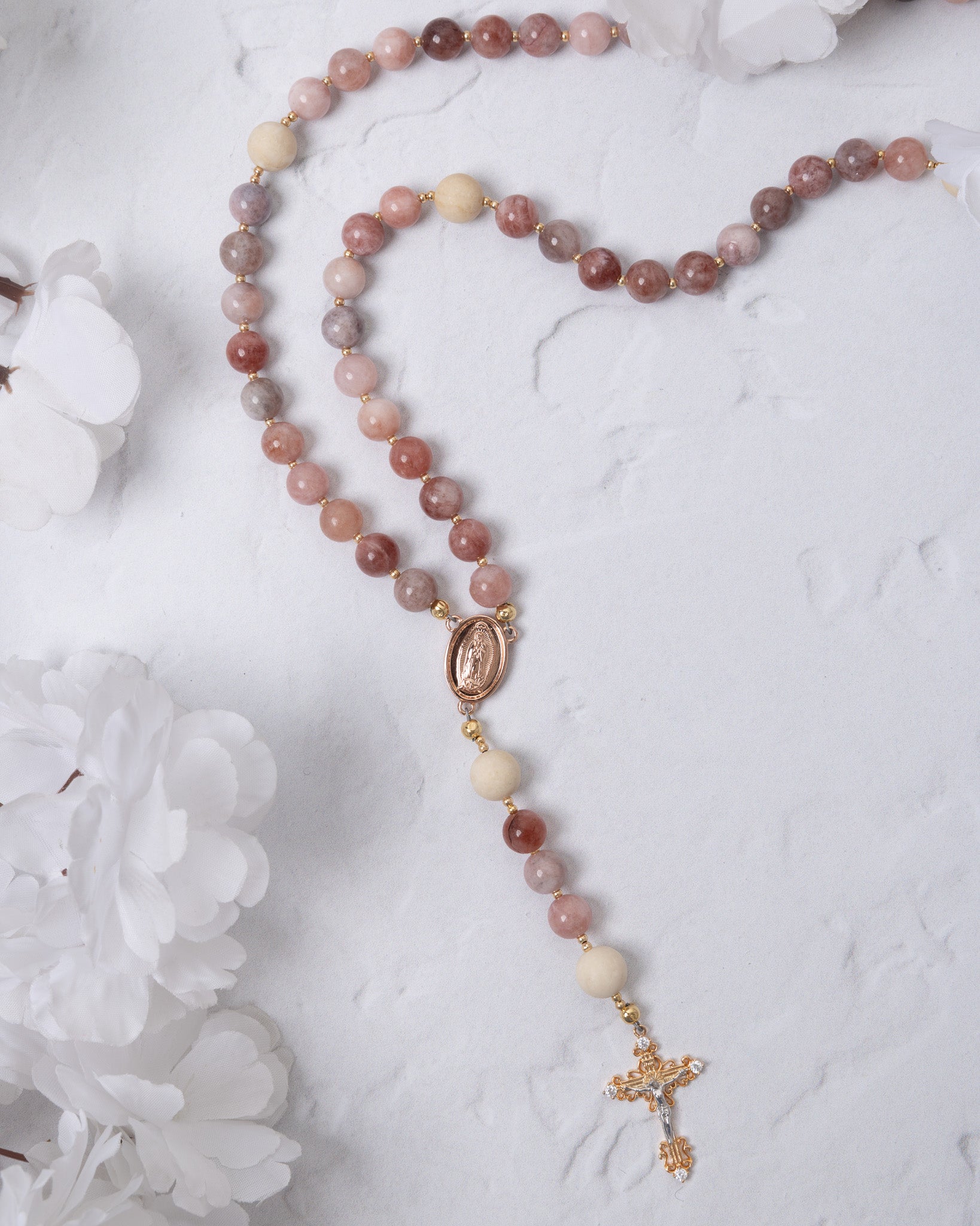 Rosa Mystica rosary with pink-white beads, gold Mary centerpiece, crucifix
