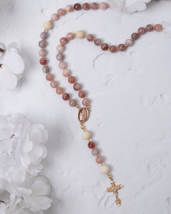 Rosa Mystica rosary with pink-white beads, gold Mary centerpiece, crucifix