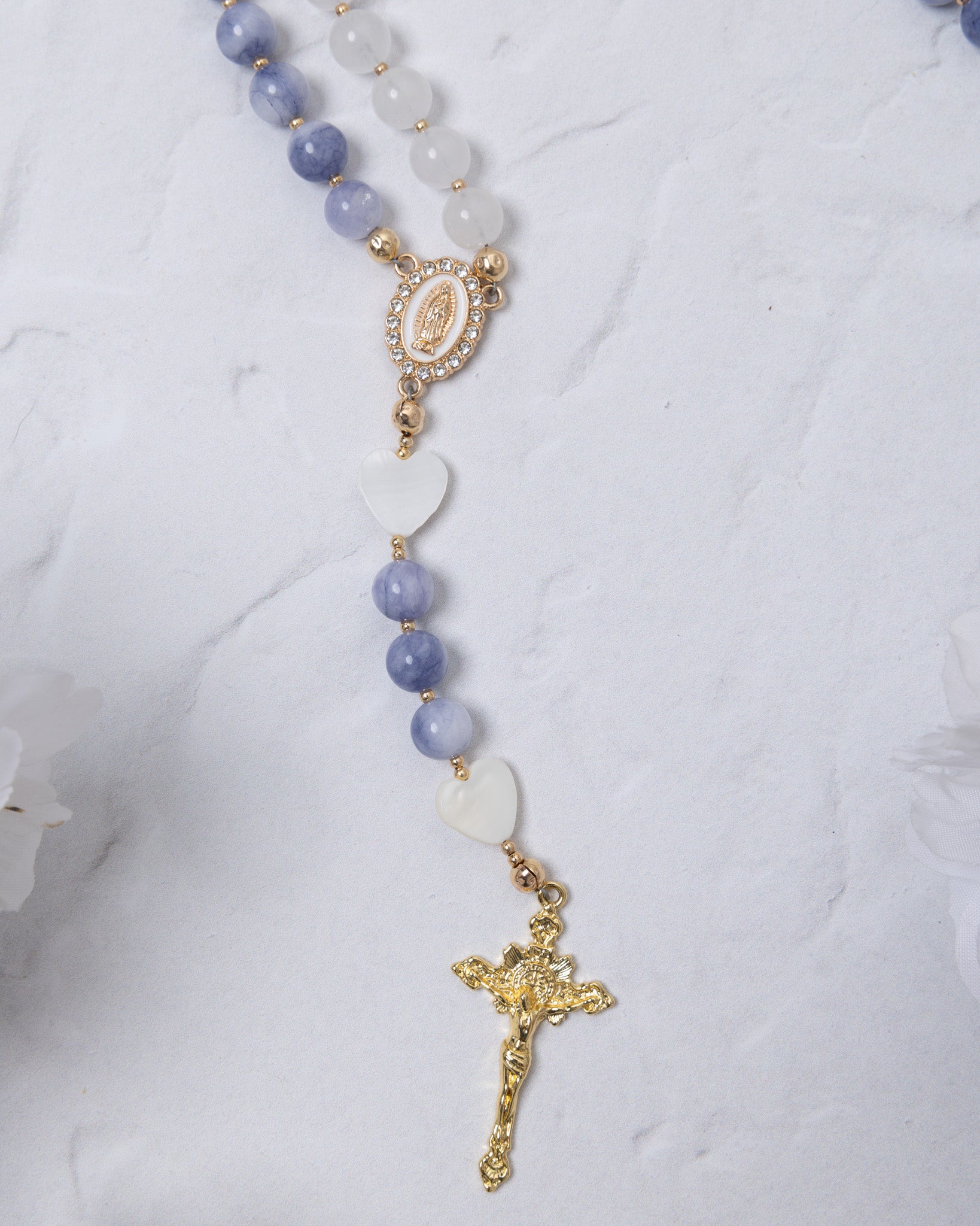 Advent Candle Rosary with lavender white beads gold crucifix medallion