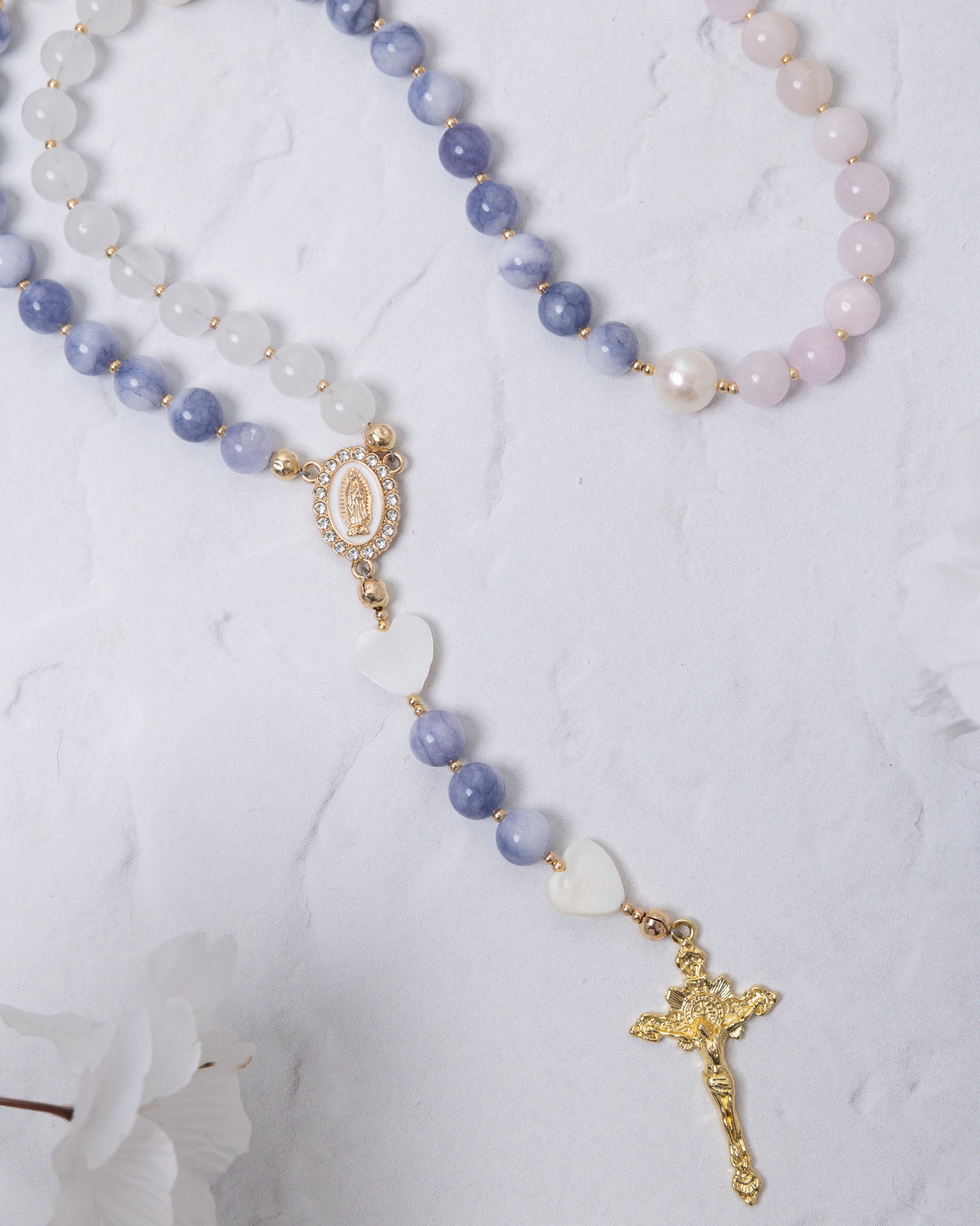 Advent Candle Rosary with lavender pink jade beads, gold Our Lady medallion, ornate crucifix