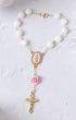 The Little Flower Car Decade Rosary with white beads, gold accents, pink rose charm
