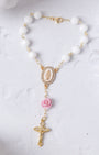 The Little Flower Car Decade Rosary with white beads, gold accents, pink rose charm