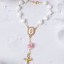 The Little Flower Car Decade Rosary with white beads, gold accents, pink rose charm