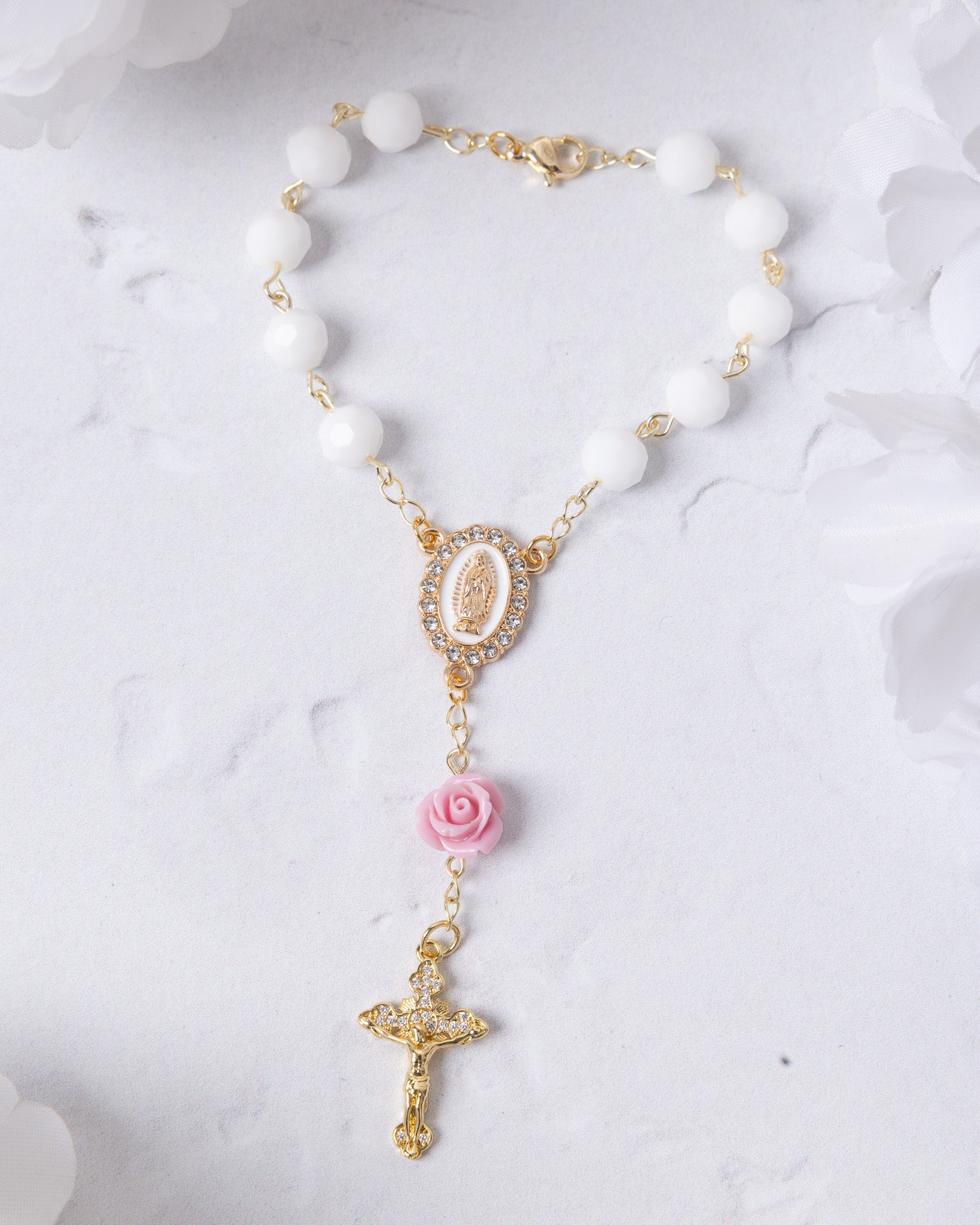 The Little Flower Car Decade Rosary with white beads, gold accents, pink rose charm